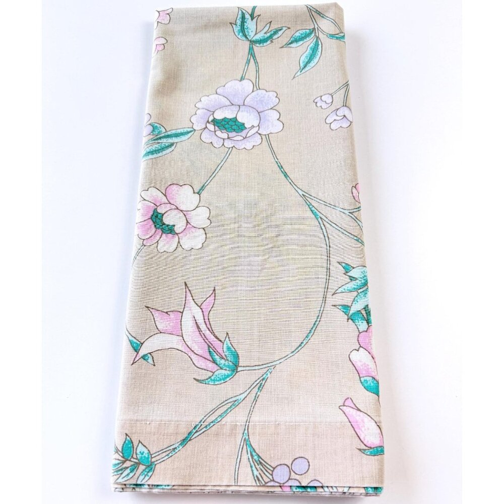 Vintage 70s pillowcase, single beige pillow sham, pink, purple flowers